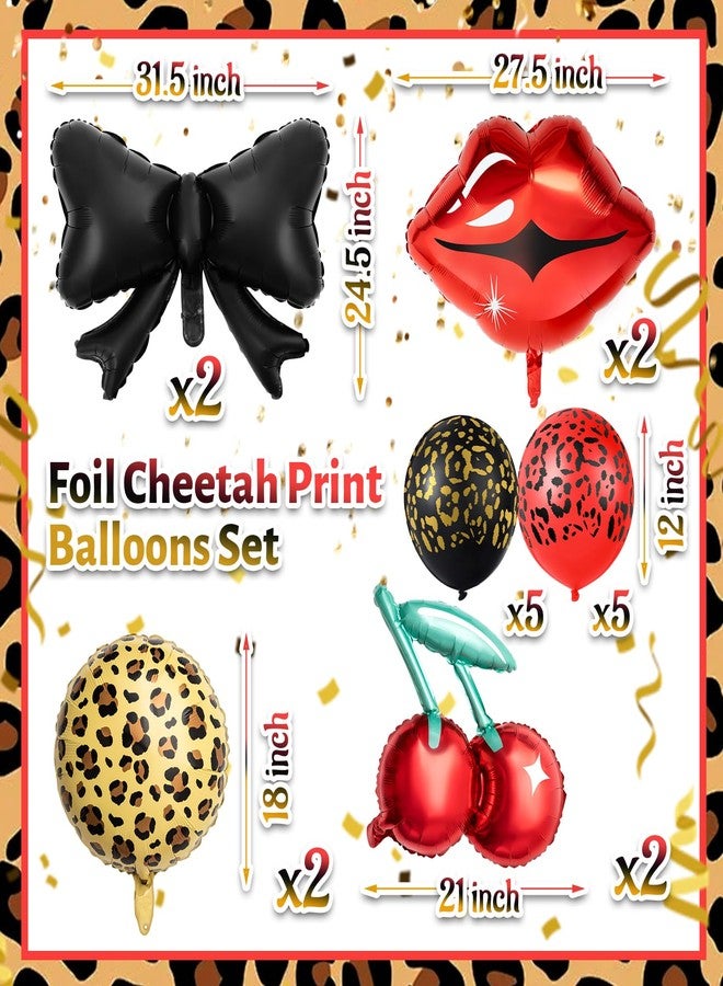 Realspring 18 Pcs Red and Black Party Decorations Kit 12 Leopard Cheetah Print Birthday Balloons Cherry Cheetah Red Lips Black Bow Foil Balloons for Kiss the Miss Goodbye Baby Shower Retro Party - Image 2